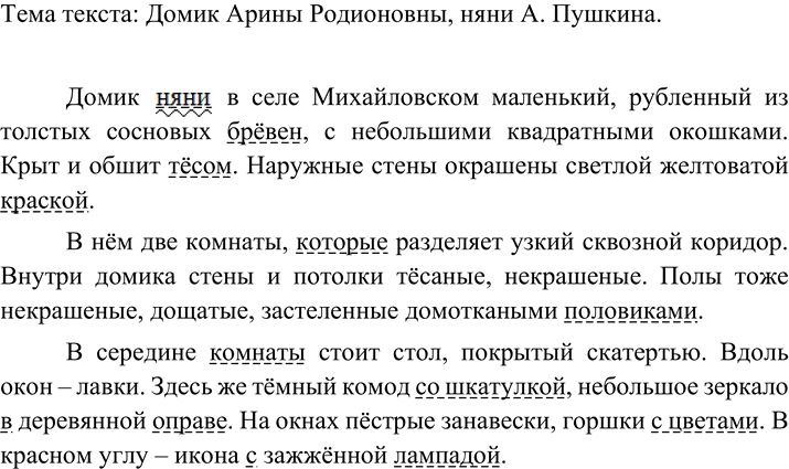 Изображение 118 Рассмотрите фотографии домика Арины Родионовны, няни А. Пушкина. Прочитайте текст и определите его тему. Опишите фотографии, используя информацию текста, подчеркните...
